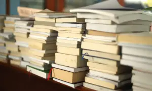 Stosy książek na drewnianej półce.